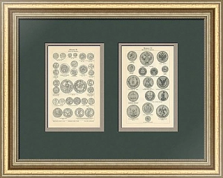 Оригинальные антикварные гравюры "Монеты"