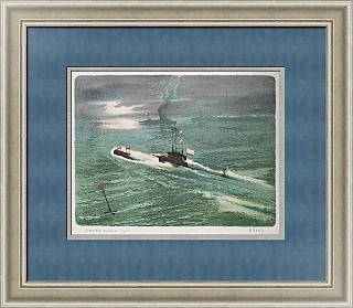 Оригинальная литография "Всплытие подводной лодки"