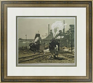 Оригинальная линогравюра "На заводских путях"