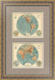 Карты полушарий - антикварные литографии - эксклюзивный подарок