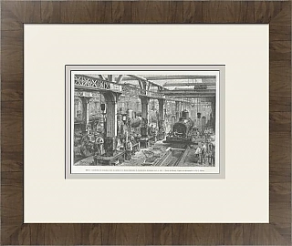 Антикварная гравюра "Строительство локомотивов"