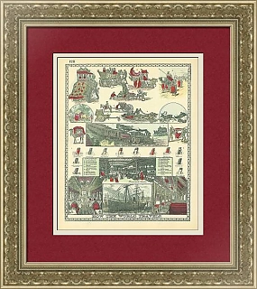 Антикварная цветная гравюра "Как путешествует мир"