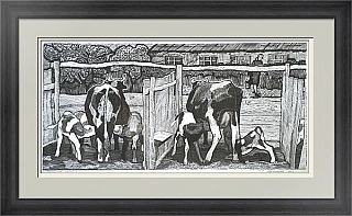 "Подкормка телят" - советская линогравюра - оригинал