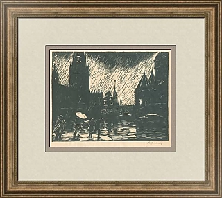 Редкая советская линогравюра "Москва. Дождь"