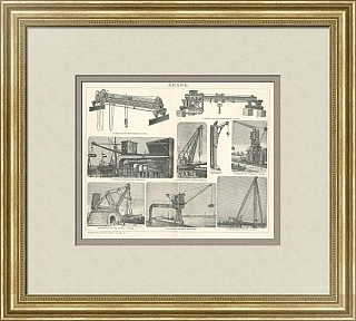 Антикварная гравюра "Подъемные краны"