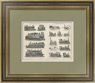 Антикварная гравюра "Локомотивы"