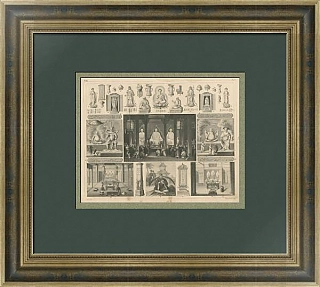 Старинная гравюра "Буддизм. Религиозные сцены, атрибуты Дальнего Востока"