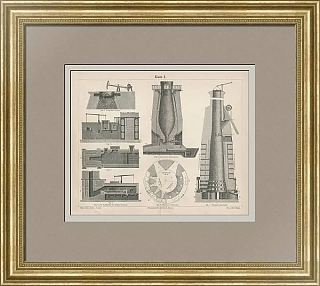 Оригинальная антикварная гравюра "Плавильные печи"