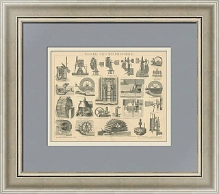 "Водяные и ветряные двигатели" - оригинальная немецкая гравюра