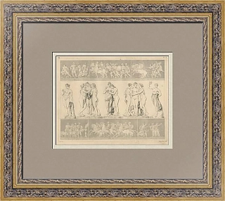 Антикварная гравюра "Три Грации и другие скульптуры и барельефы Антонио Канова"