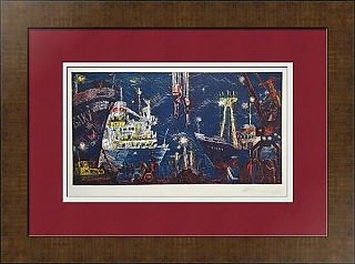 Оригинальная линогравюра "Ночной порт"