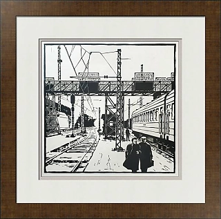 Советская линогравюра "На железнодорожной станции"