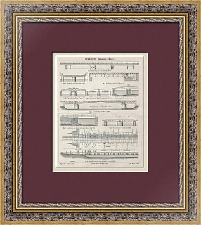 Оригинальная антикварная гравюра "Разводные мосты"