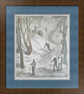 Оригинальная линогравюра "Лыжники"