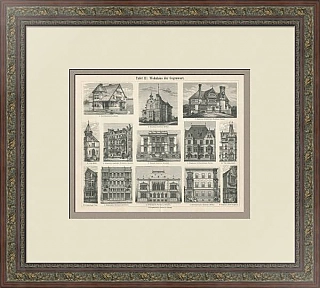 "Жилые дома" - старинная оригинальная гравюра