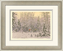 "Лыжники" - оригинальная советская линогравюра