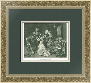 Антикварная гравюра "Снаряжение молодого рыцаря"