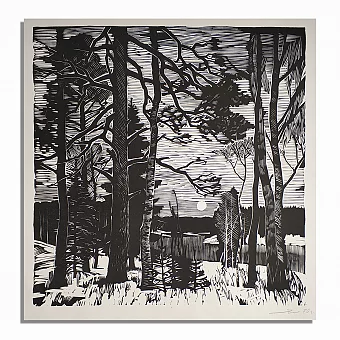 Оригинальная линогравюра "Пейзаж с луной". Дополнительное изображение