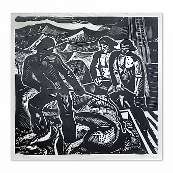 "Рыбаки" - оригинальная линогравюра - вип подарок. Дополнительное изображение