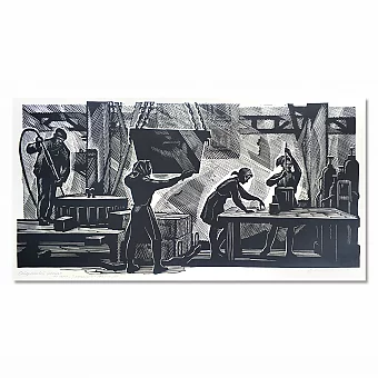 Советская линогравюра "Стержневой участок" из серии "У металлургов Подмосковья". Дополнительное изображение