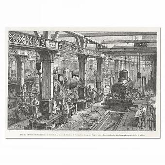 Антикварная гравюра "Строительство локомотивов". Дополнительное изображение