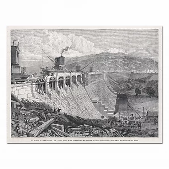 "Строительство дамбы. Озеро Вирнви в Уэльсе" - старинная гравюра. Дополнительное изображение