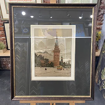 Оригинальная линогравюра "Московский Кремль. Водовзводная башня"