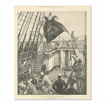 "Поимка рыбы-дьявола" - антикварная гравюра. Дополнительное изображение