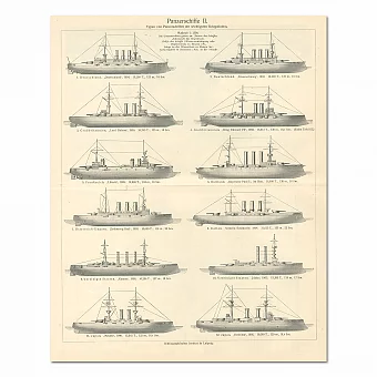 "Броненосцы" - оригинальная старинная гравюра. Дополнительное изображение