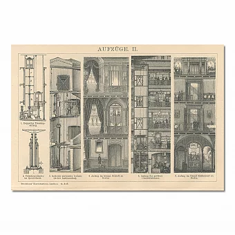 Антикварная немецкая гравюра "Лифты". Дополнительное изображение