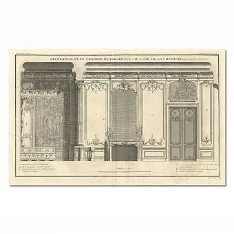 Антикварная гравюра "Декор парадной комнаты с камином". Дополнительное изображение
