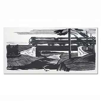 Оригинальная линогравюра "Электричка" - советский эстамп. Дополнительное изображение