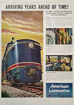 Оригинальная рекламная иллюстрация American Locomotive. Super diesel electric trains.. Дополнительное изображение