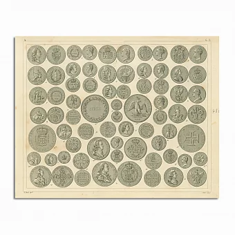 Антикварная гравюра "Монеты", Энциклопедия Г.И. Хека, Германия. Дополнительное изображение