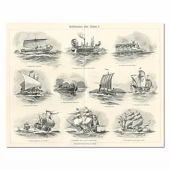 Антикварная гравюра "Типы кораблей разных времен". Дополнительное изображение