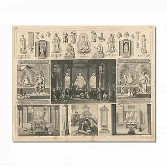 Старинная гравюра "Буддизм. Религиозные сцены, атрибуты Дальнего Востока". Дополнительное изображение