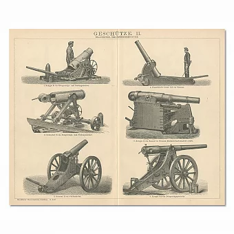 "Осадные и крепостные орудия" - редкая антикварная гравюра. Дополнительное изображение
