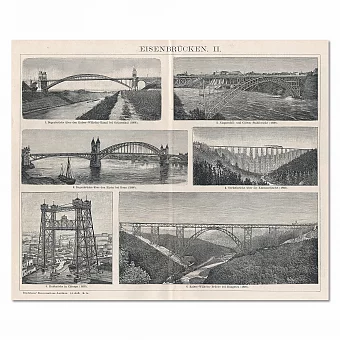 Оригинальная гравюра "Железные мосты" - антикварный подарок. Дополнительное изображение