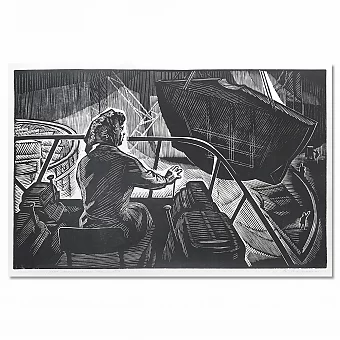 "Крановщица" - советская оригинальная линогравюра. Дополнительное изображение