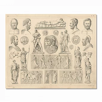 Редкий антикварный эстамп "Древнеримская и древнегреческая скульптура и монеты". Дополнительное изображение