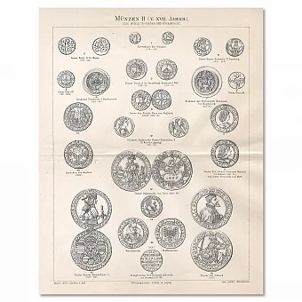 "Европейские монеты V - XVII веков" - антикварная гравюра. Дополнительное изображение
