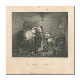 Редкая антикварная гравюра "Сельская конюшня". Дополнительное изображение