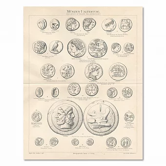 "Монеты древности" - оригинальная антикварная гравюра. Дополнительное изображение