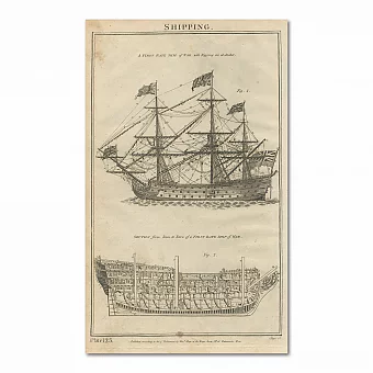 Антикварная гравюра "Судоходство: Первоклассный Военный Корабль". Дополнительное изображение