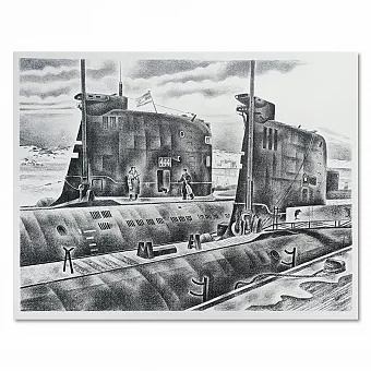 "Подлодки у берега" - оригинальная автолитография СССР. Дополнительное изображение