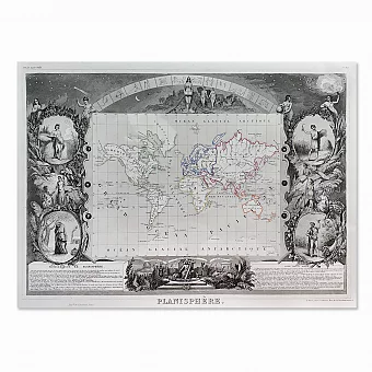 Редкая антикварная гравюра "Планисфера", Атлас Левассера, Франция. Дополнительное изображение