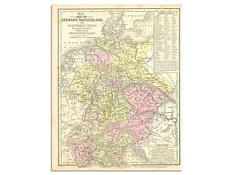 Оригинал антикварной карты Германии, Швейцарии и Северной Италии. Дополнительное изображение