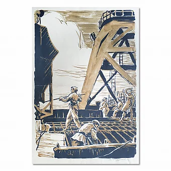 Оригинальный рисунок эпохи 50-х "Строители" - эксклюзивный подарок. Дополнительное изображение