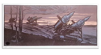 Оригинальная линогравюра "На марш". Дополнительное изображение