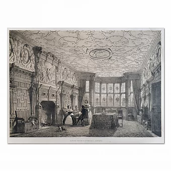Антикварная литография "Резная гостиная. Crewe hall, графство Чешир". Дополнительное изображение